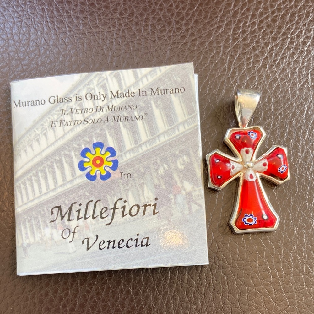 Murano Sterling 925 Red Millefiori Cross Pendant